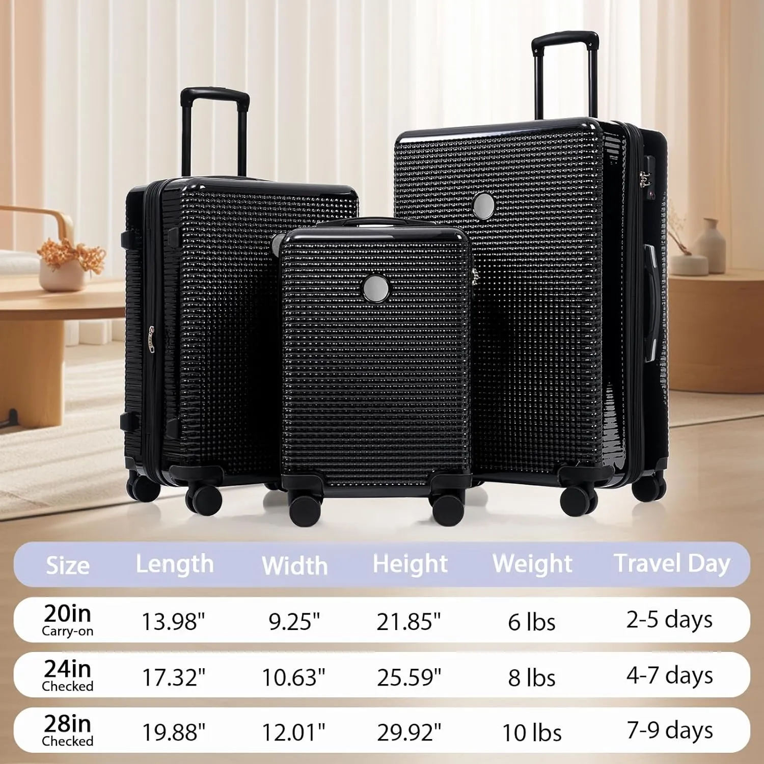 3-Piece ABS Hardshell Suitcase Set with Silent Spinner Wheels, Expandable Lightweight Luggage with TSA Lock, Carry-On & Checked Travel Suitcases 20"/24"/28" (Black)