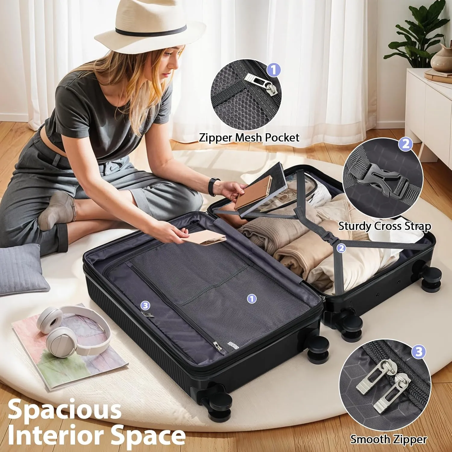 3-Piece ABS Hardshell Suitcase Set with Silent Spinner Wheels, Expandable Lightweight Luggage with TSA Lock, Carry-On & Checked Travel Suitcases 20"/24"/28" (Black)
