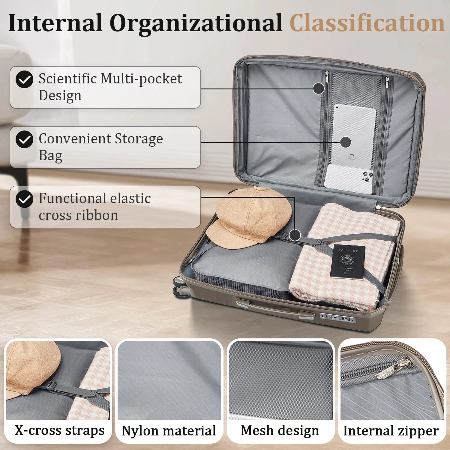 4-Piece Expandable Hardshell Luggage Set with TSA Lock (14/20/24/28) - Lightweight PP Suitcases, 360 Silent Spinner Wheels and Durable 100LB Handle for Air Travel (Champagne)