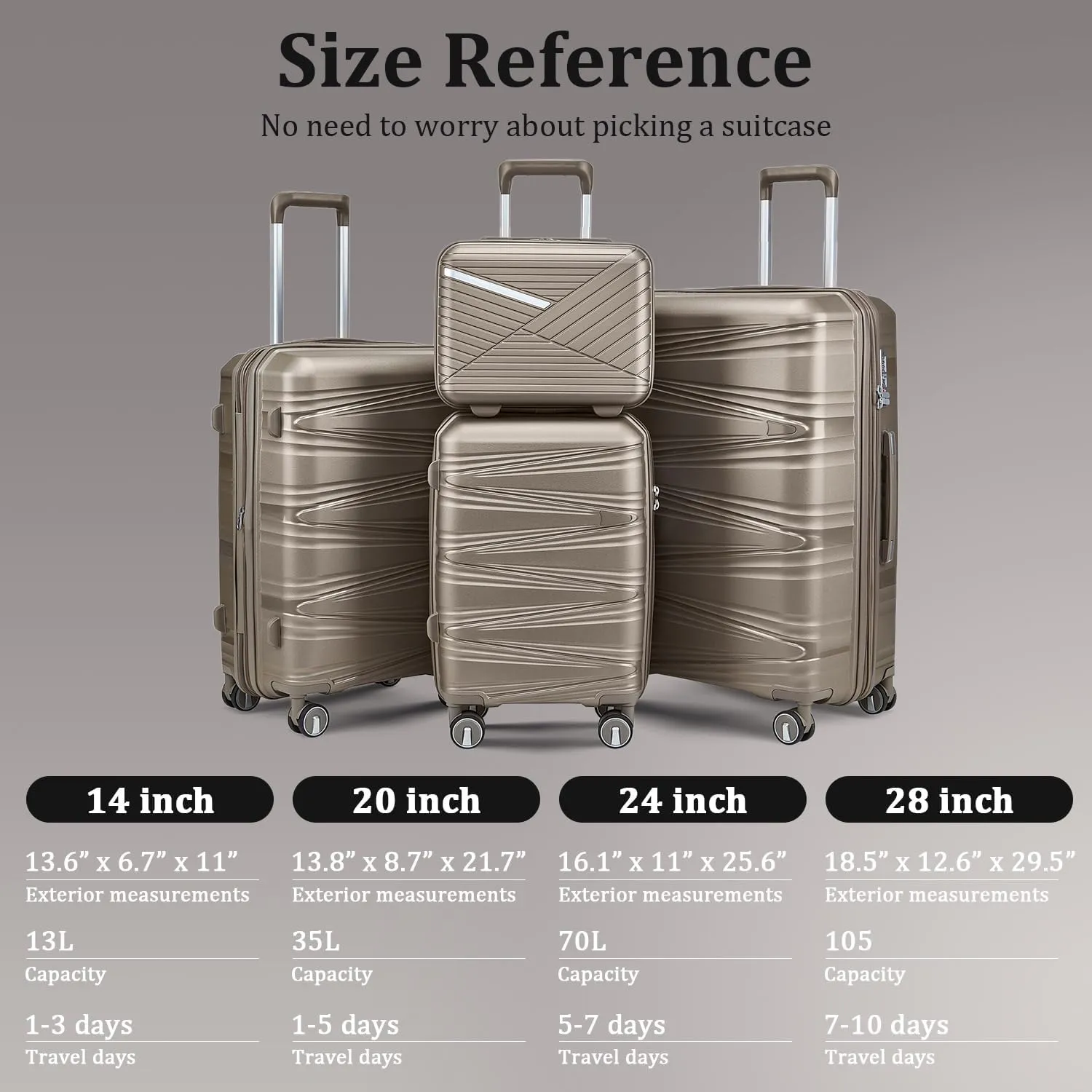 4-Piece Expandable Hardshell Luggage Set with TSA Lock (14/20/24/28) - Lightweight PP Suitcases, 360 Silent Spinner Wheels and Durable 100LB Handle for Air Travel (Champagne)