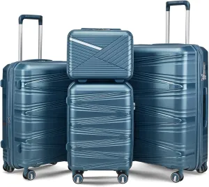 4-Piece Expandable Hardshell Luggage Set with TSA Lock (14/20/24/28) - Lightweight PP Suitcases, 360 Silent Spinner Wheels and Durable 100LB Handle for Air Travel (Peacock Blue)