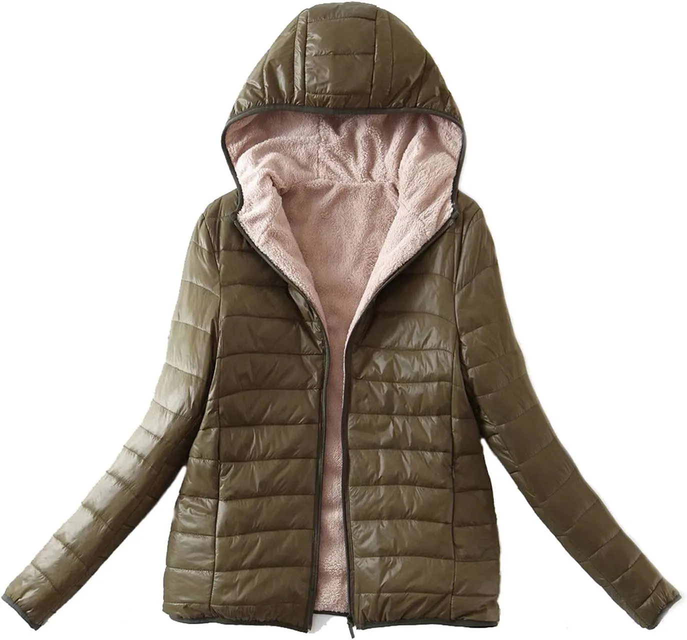 Akklian Womens Padded Cotton Puffer Jacket Winter Slim Fit Down Jackets & Parkas Zip Up Hooded Coat Sherpa Thermal Plush Tops