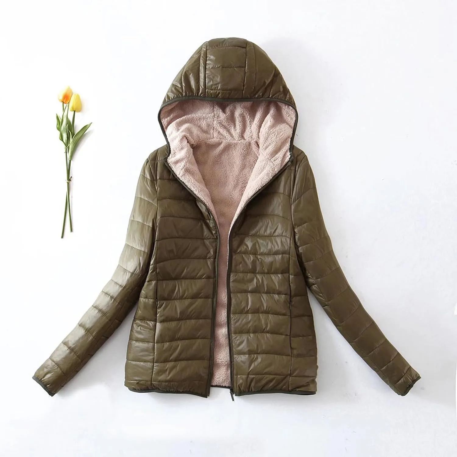 Akklian Womens Padded Cotton Puffer Jacket Winter Slim Fit Down Jackets & Parkas Zip Up Hooded Coat Sherpa Thermal Plush Tops