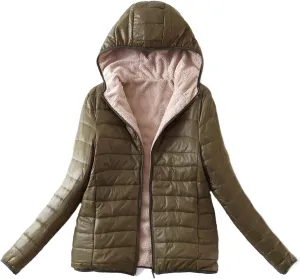 Akklian Womens Padded Cotton Puffer Jacket Winter Slim Fit Down Jackets & Parkas Zip Up Hooded Coat Sherpa Thermal Plush Tops
