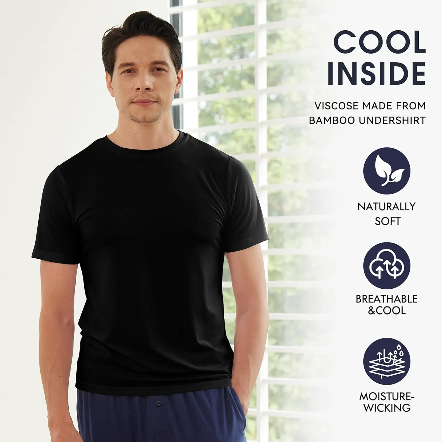BAMBOO COOL Men's Undershirts Moisture-Wicking Crewneck T Shirts, Breathable Stretch Soft Tees for Men, 3 or 6 Pack