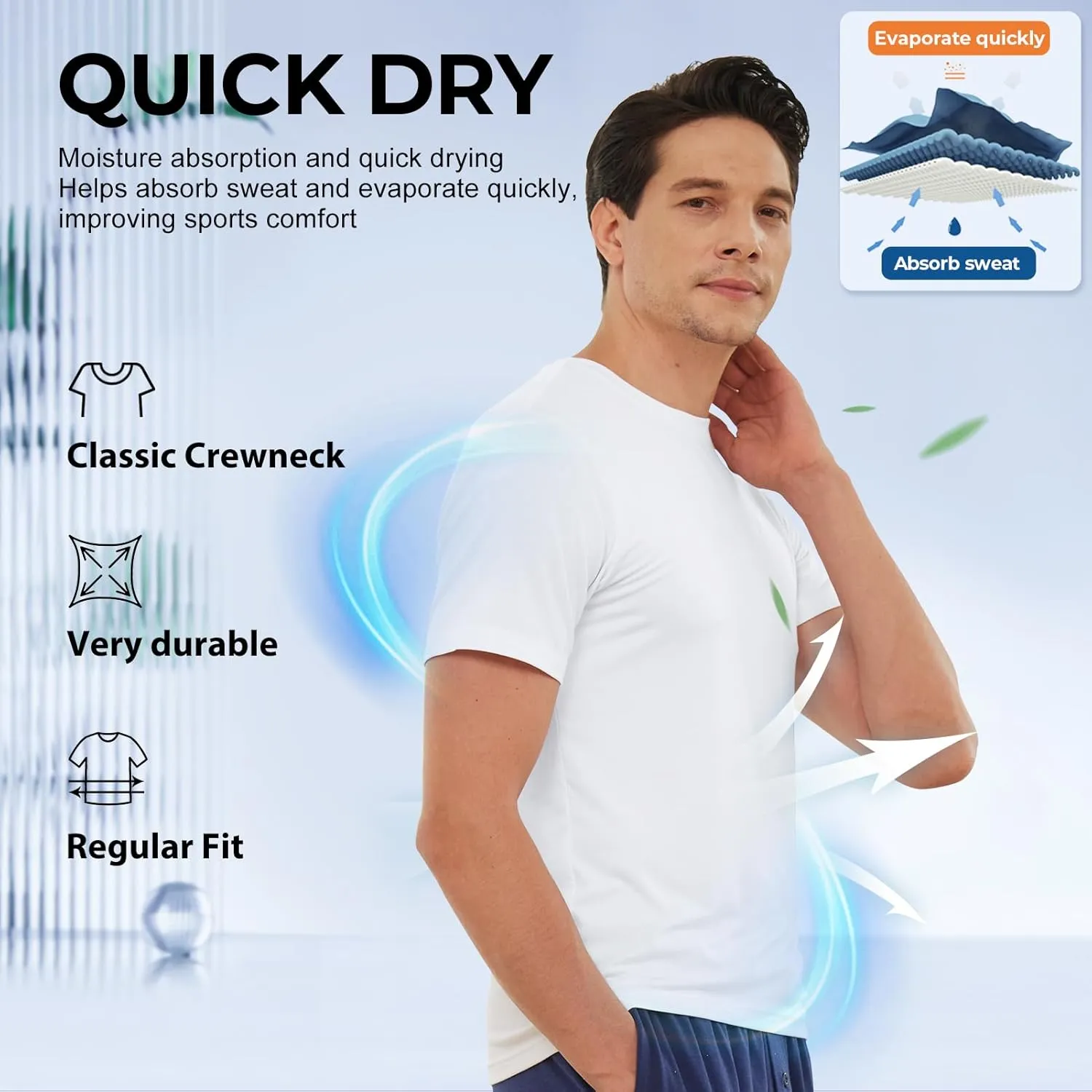 BAMBOO COOL Men's Undershirts Moisture-Wicking Crewneck T Shirts, Breathable Stretch Soft Tees for Men, 3 or 6 Pack