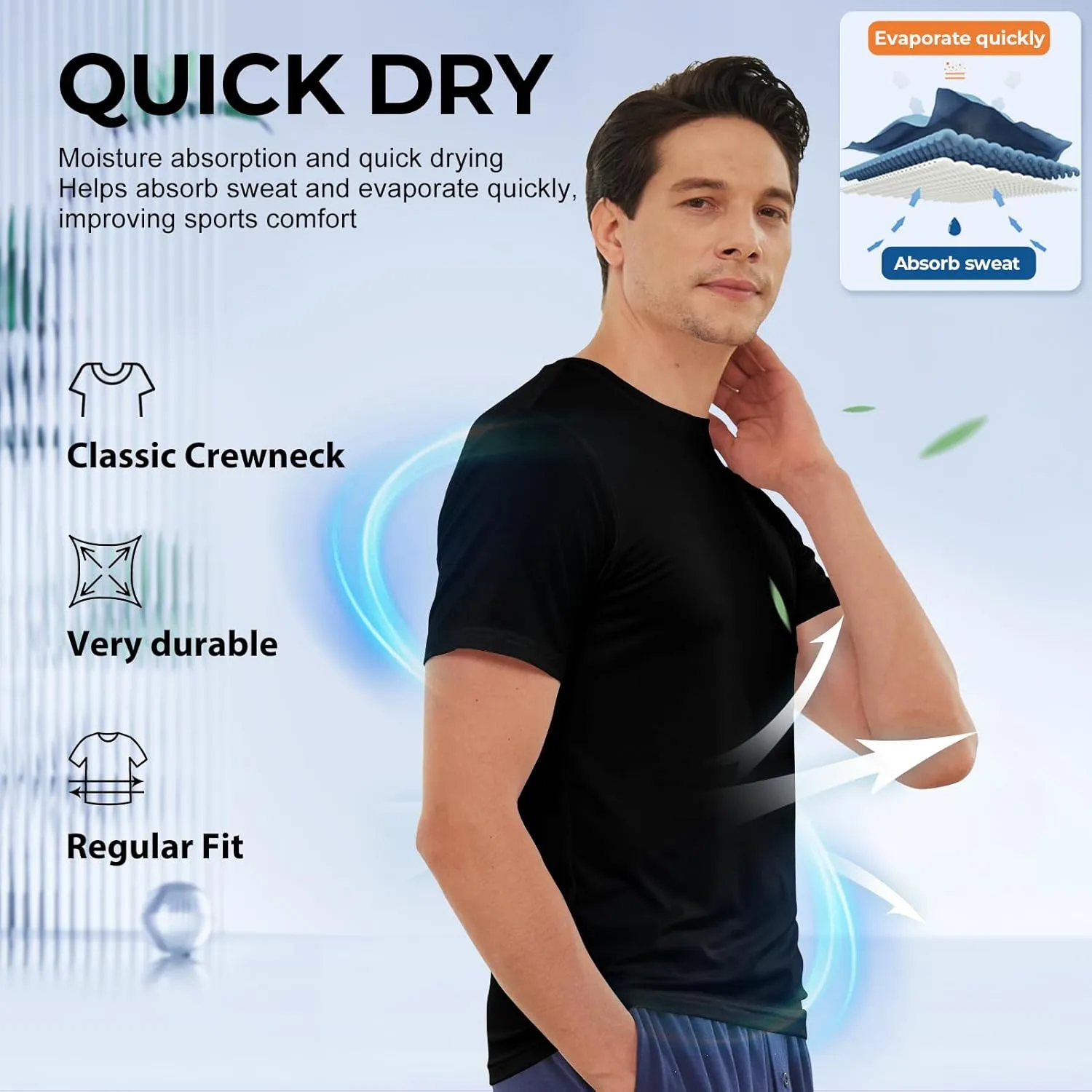 BAMBOO COOL Men's Undershirts Moisture-Wicking Crewneck T Shirts, Breathable Stretch Soft Tees for Men, 3 or 6 Pack