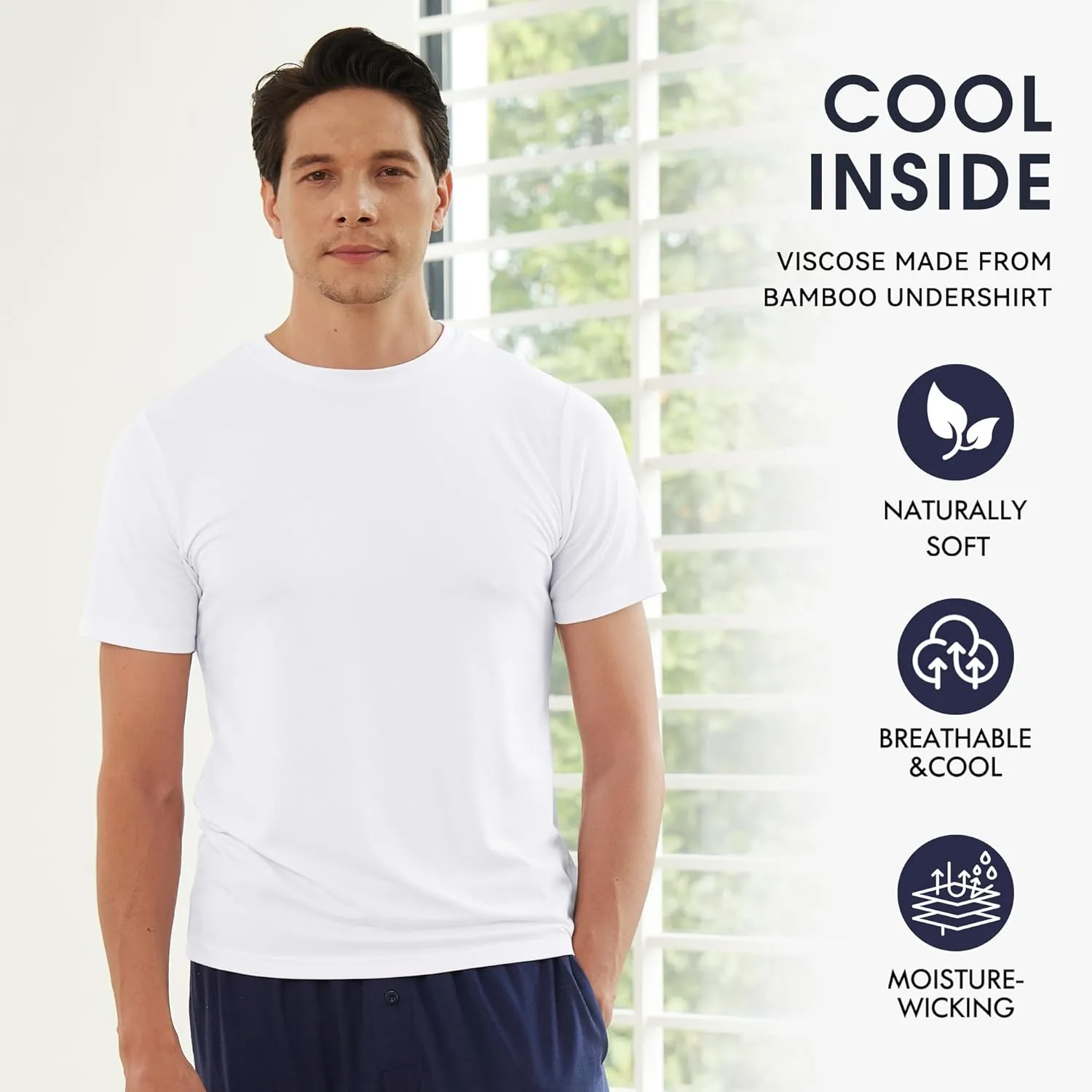 BAMBOO COOL Men's Undershirts Moisture-Wicking Crewneck T Shirts, Breathable Stretch Soft Tees for Men, 3 or 6 Pack
