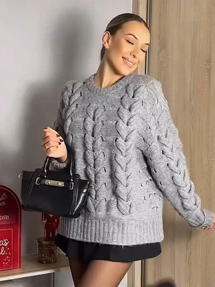 Bonnyshow New Hollow Out Braid Knitted Women's Pullover Fashion Casual Loose Solid Color Sweater Women Retro Soft Comfortable Sweaters