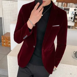 Burgundy Velvet Blazer Men Fashion Casual Blazer Men Wedding Groom Singer Costume Slim Blazer Formal Evening Dress M-5XL