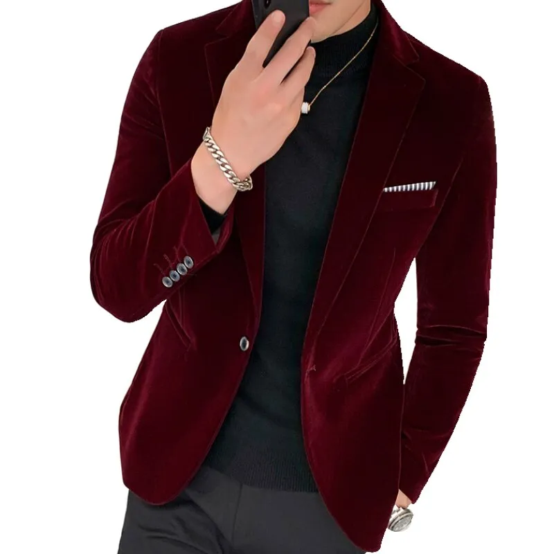 Burgundy Velvet Blazer Men Fashion Casual Blazer Men Wedding Groom Singer Costume Slim Blazer Formal Evening Dress M-5XL
