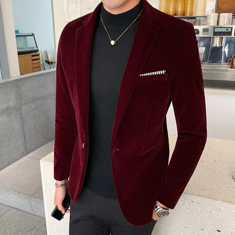 Burgundy Velvet Blazer Men Fashion Casual Blazer Men Wedding Groom Singer Costume Slim Blazer Formal Evening Dress M-5XL