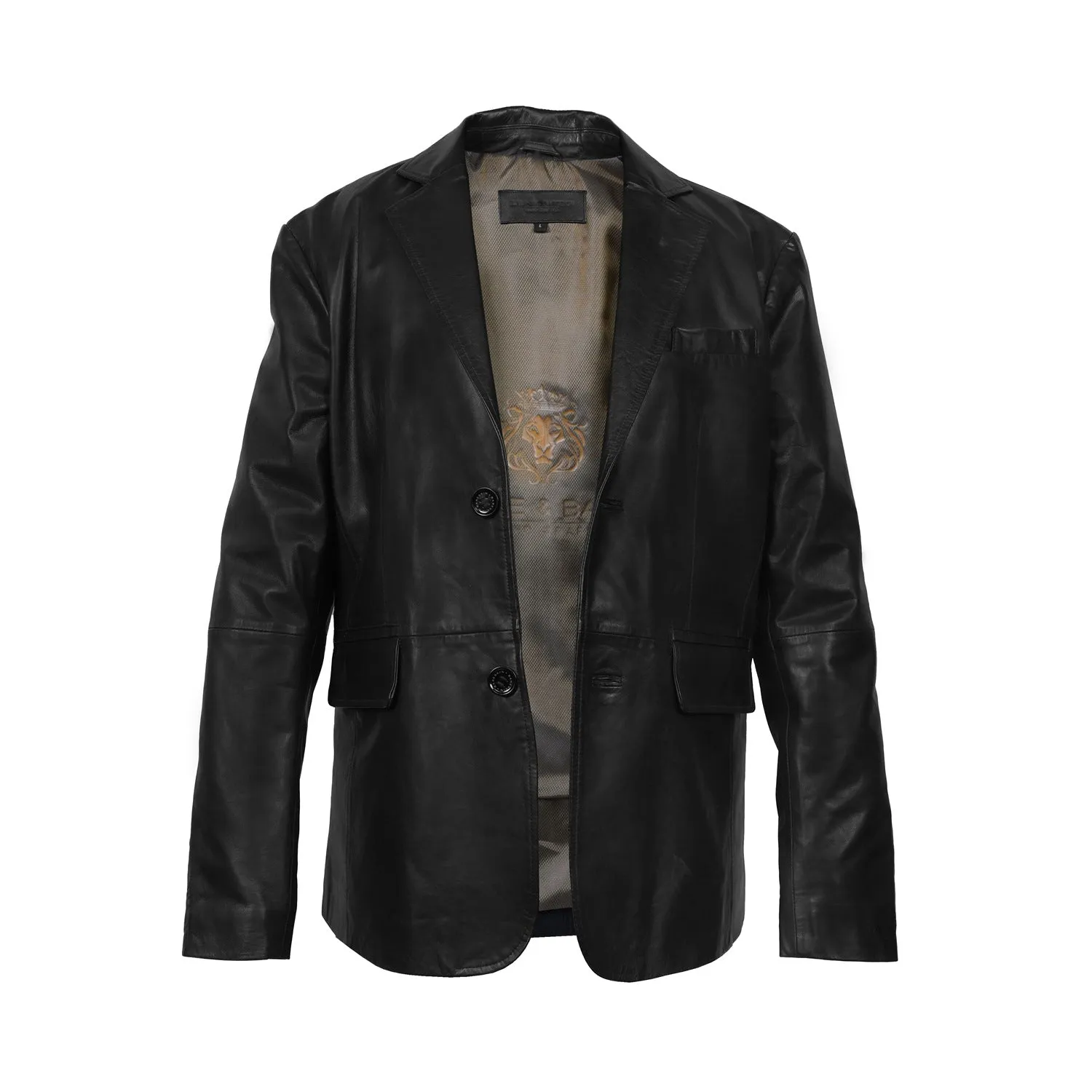 Button Style Formal Blazer in Black Genuine Leather
