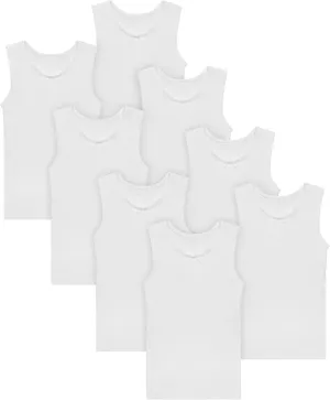 Buyless Fashion Big Girls Tagless Cami Scoop Neck Undershirts White Cotton Tank with Trim (8 Pack)
