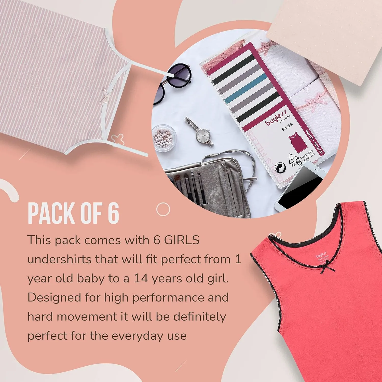 Buyless Fashion Girls Tank Tops - Sleeveless Cami Tanks Cotton Undershirts for Dance Gymnastics, Kids & Toddler Size (6 Pack)