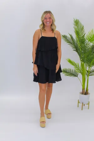 Carly Pleated Tiered Dress- Black