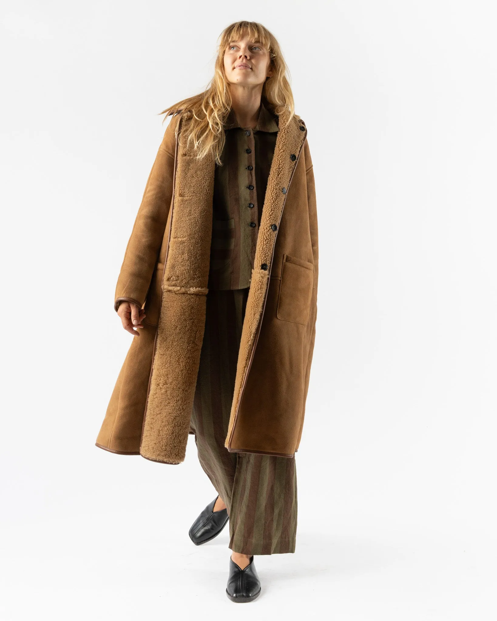 Cawley Sheepskin Suede Curly Roo Coat in Tan