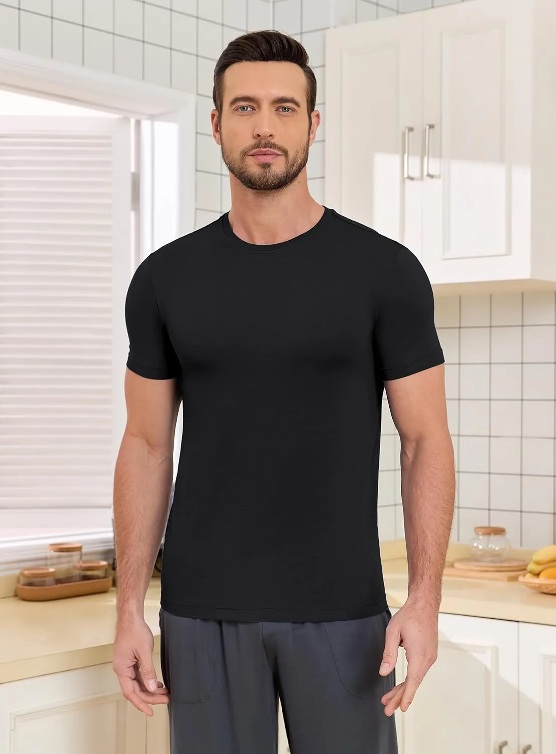 COLORFULLEAF Men's Undershirts Bamboo Rayon Short Sleeve Crewneck/V-Neck Tees Slim-fit T-Shirts 3 or 5 Pack