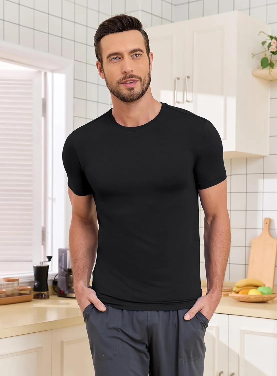 COLORFULLEAF Men's Undershirts Bamboo Rayon Short Sleeve Crewneck/V-Neck Tees Slim-fit T-Shirts 3 or 5 Pack