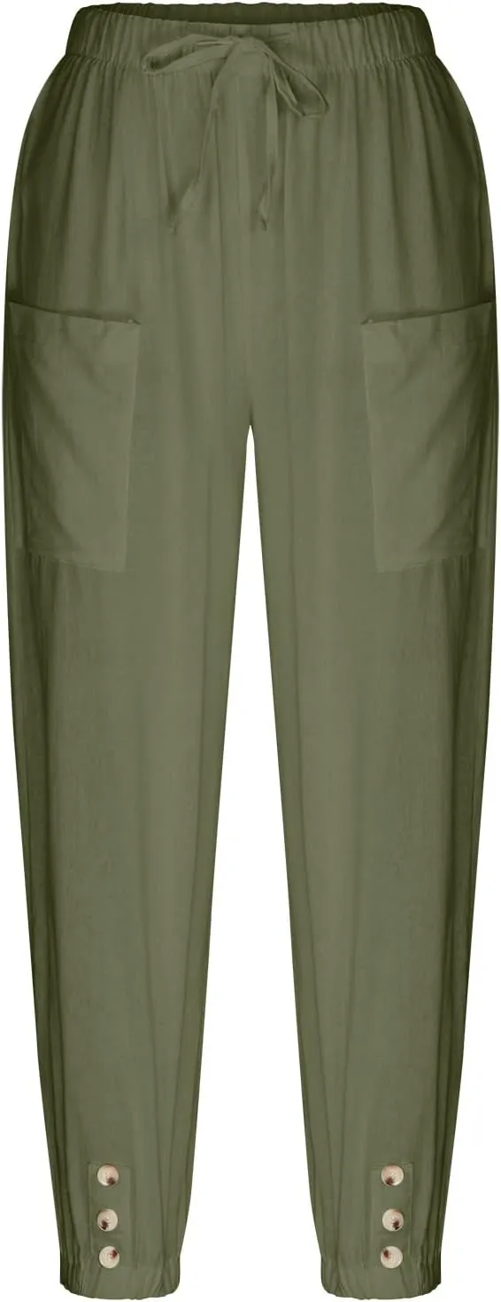 Cotton Linen Pants for Women Casual Summer Elastic High Waist Drawstring Lounge Pant Straight Leg Cropped Trousers