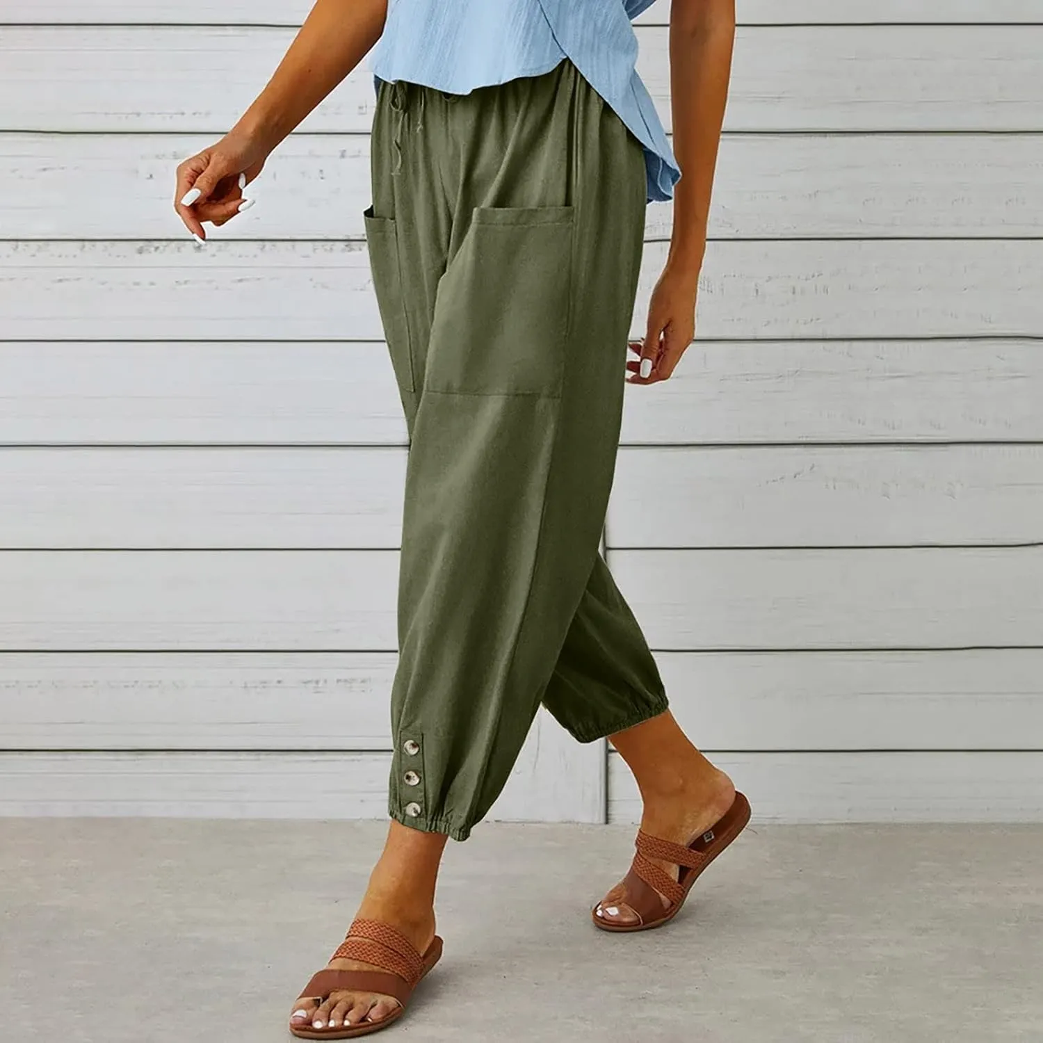 Cotton Linen Pants for Women Casual Summer Elastic High Waist Drawstring Lounge Pant Straight Leg Cropped Trousers