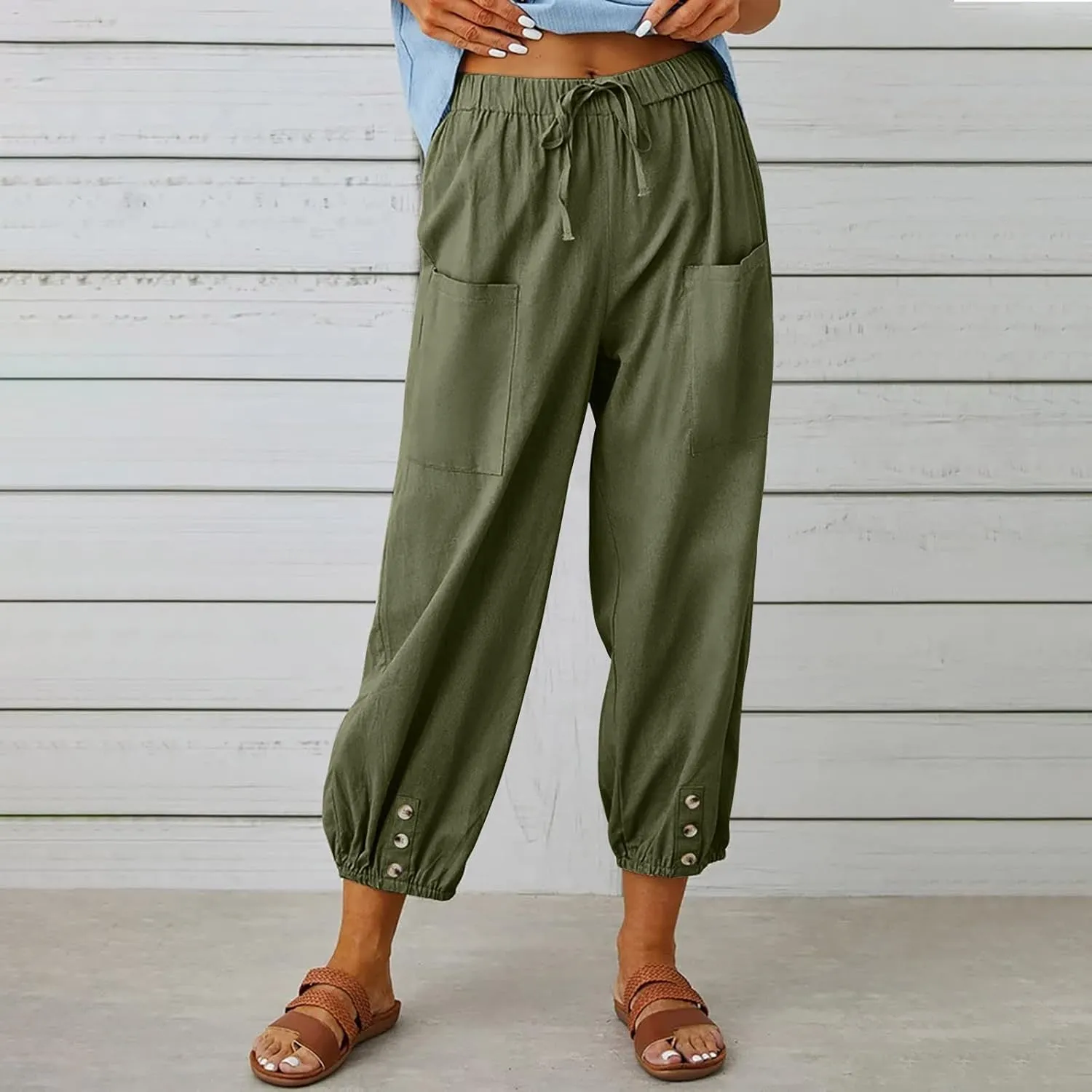 Cotton Linen Pants for Women Casual Summer Elastic High Waist Drawstring Lounge Pant Straight Leg Cropped Trousers