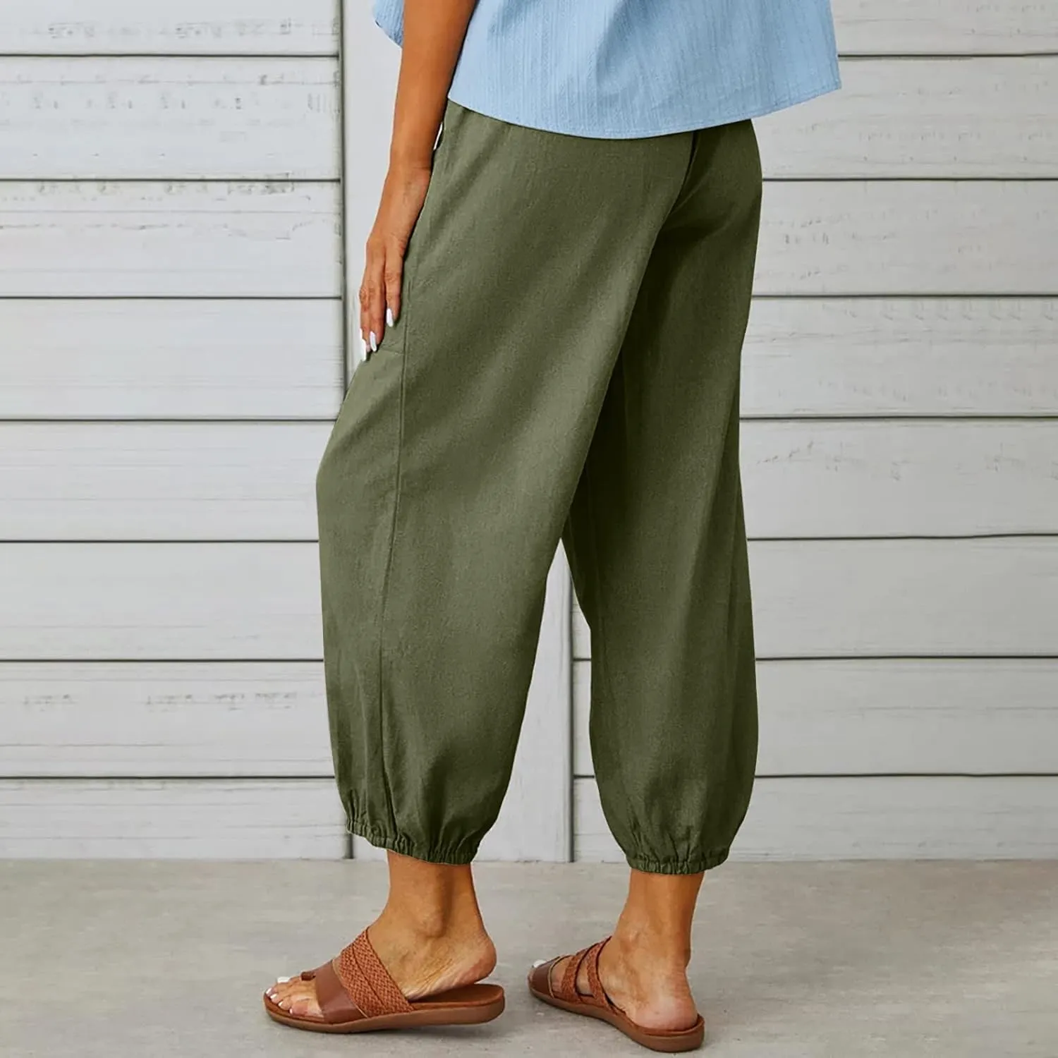 Cotton Linen Pants for Women Casual Summer Elastic High Waist Drawstring Lounge Pant Straight Leg Cropped Trousers