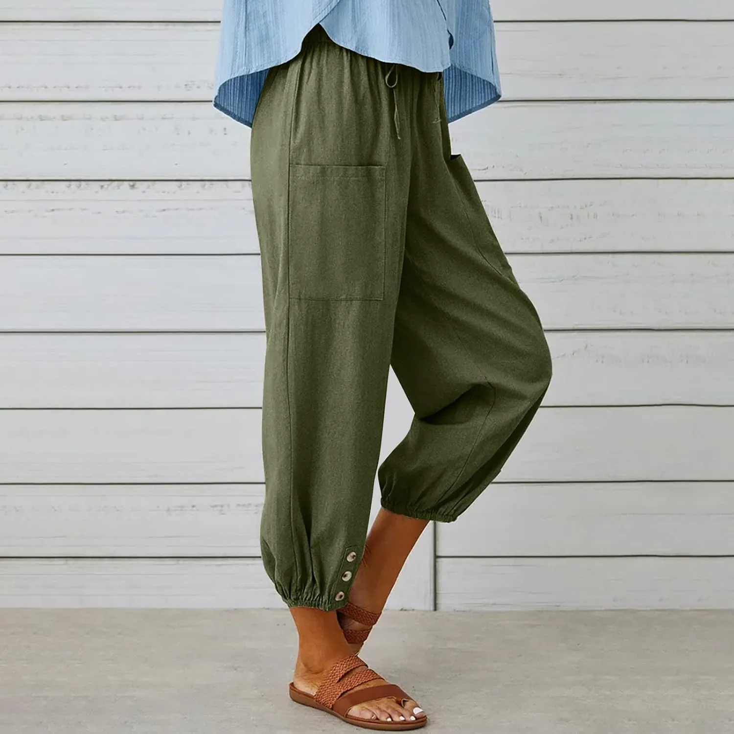 Cotton Linen Pants for Women Casual Summer Elastic High Waist Drawstring Lounge Pant Straight Leg Cropped Trousers