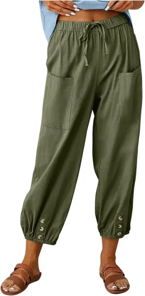 Cotton Linen Pants for Women Casual Summer Elastic High Waist Drawstring Lounge Pant Straight Leg Cropped Trousers