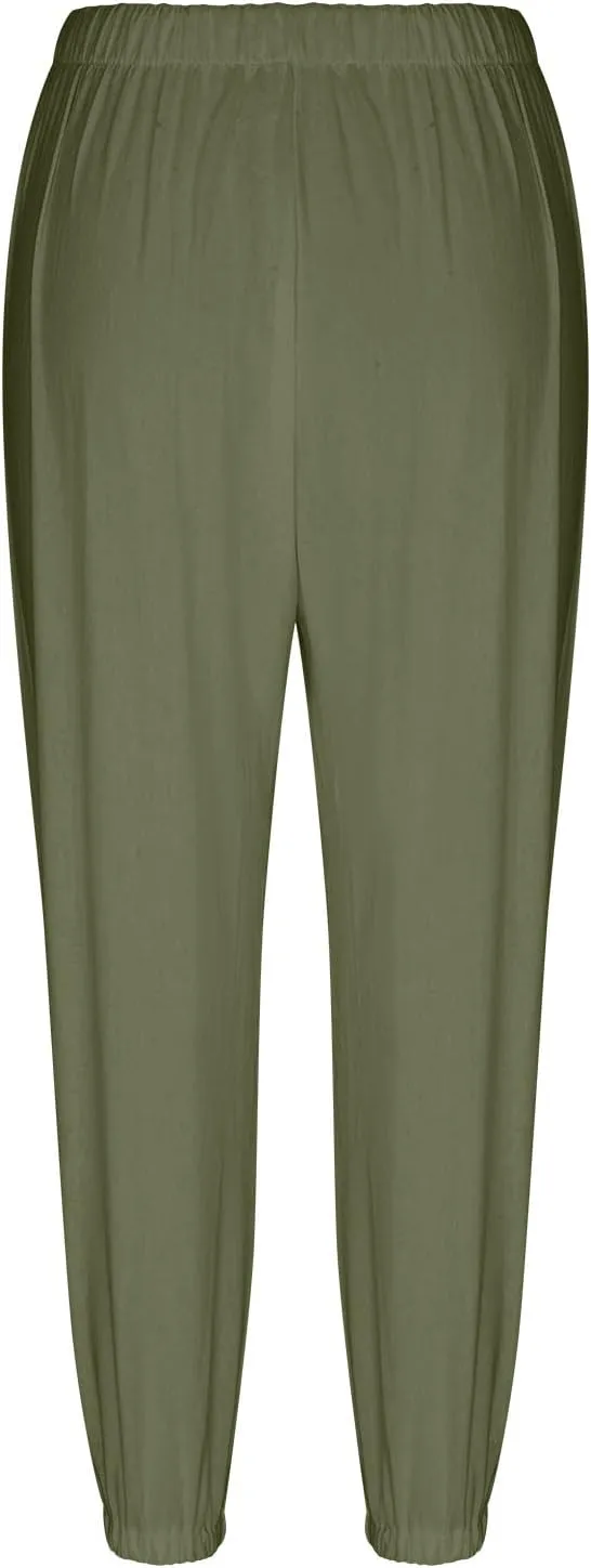 Cotton Linen Pants for Women Casual Summer Elastic High Waist Drawstring Lounge Pant Straight Leg Cropped Trousers