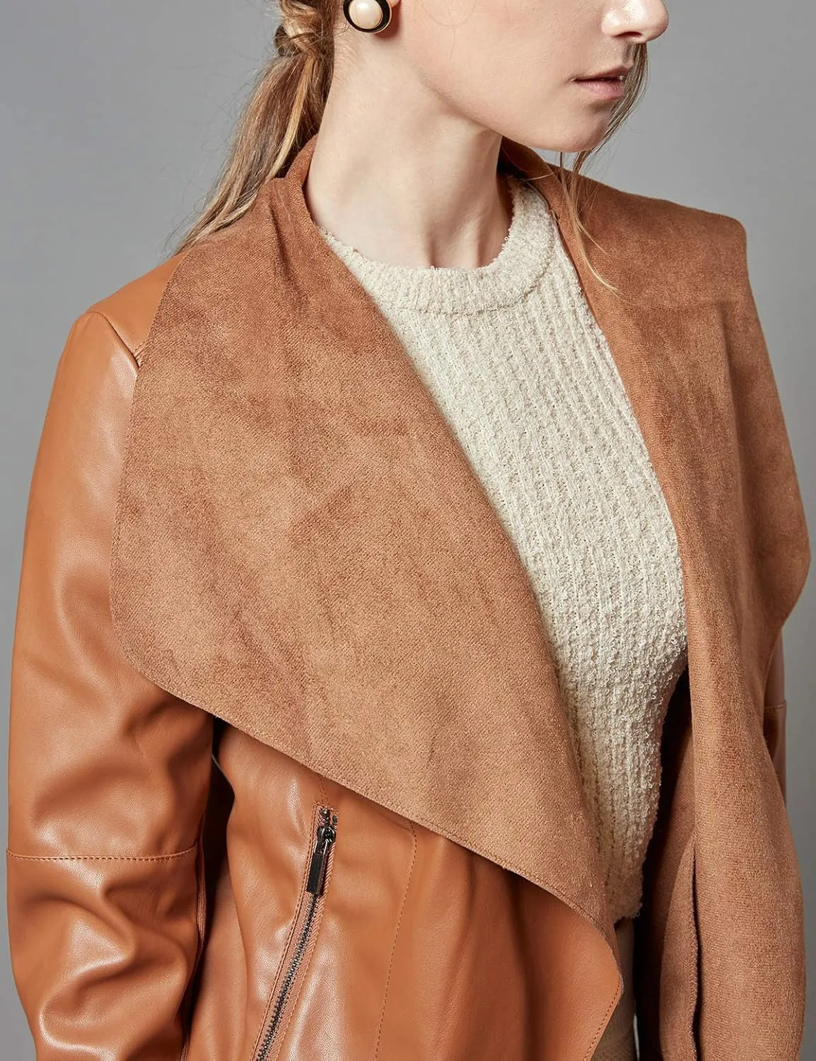 Escalier Women's Faux Leather Jackets Slim Open Front Lapel Blazer Jackets