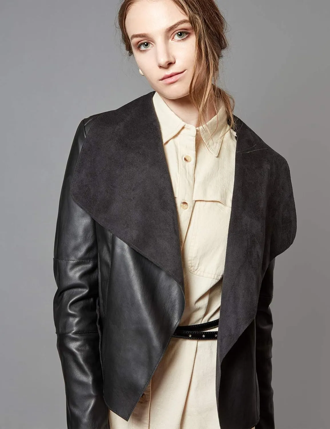 Escalier Women's Faux Leather Jackets Slim Open Front Lapel Blazer Jackets