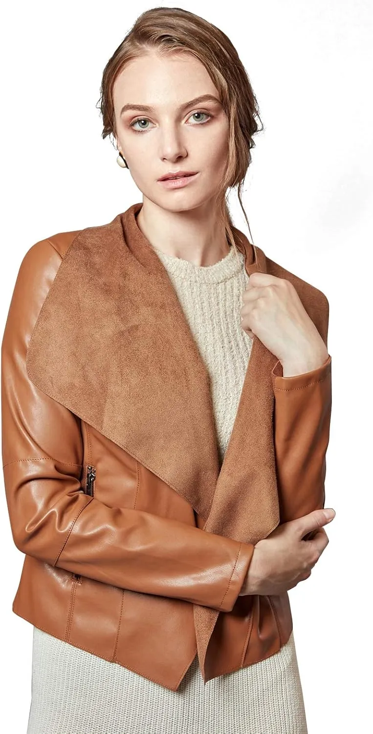 Escalier Women's Faux Leather Jackets Slim Open Front Lapel Blazer Jackets