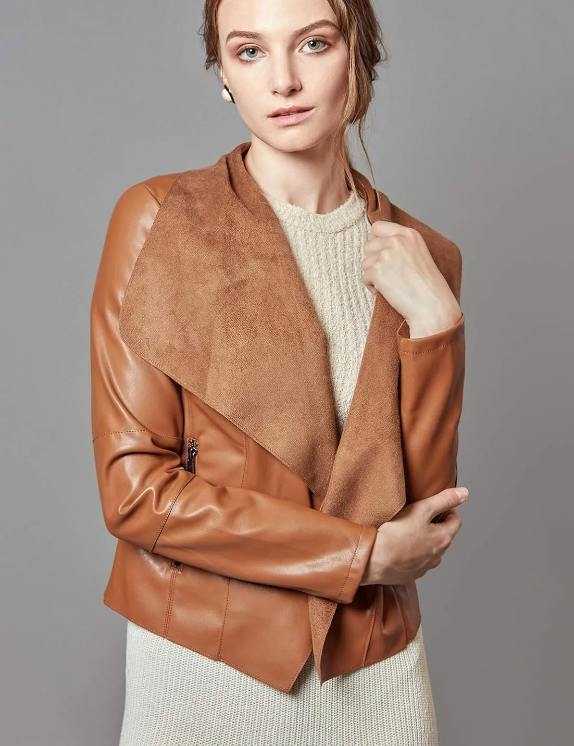 Escalier Women's Faux Leather Jackets Slim Open Front Lapel Blazer Jackets