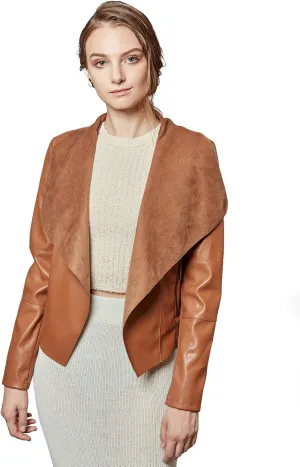 Escalier Women's Faux Leather Jackets Slim Open Front Lapel Blazer Jackets