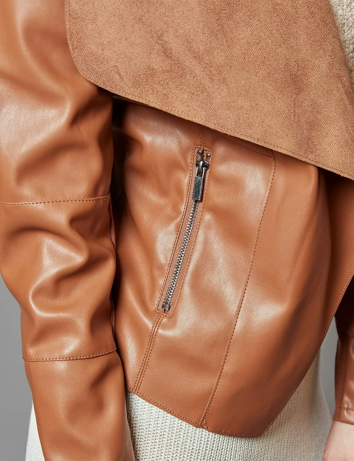 Escalier Women's Faux Leather Jackets Slim Open Front Lapel Blazer Jackets