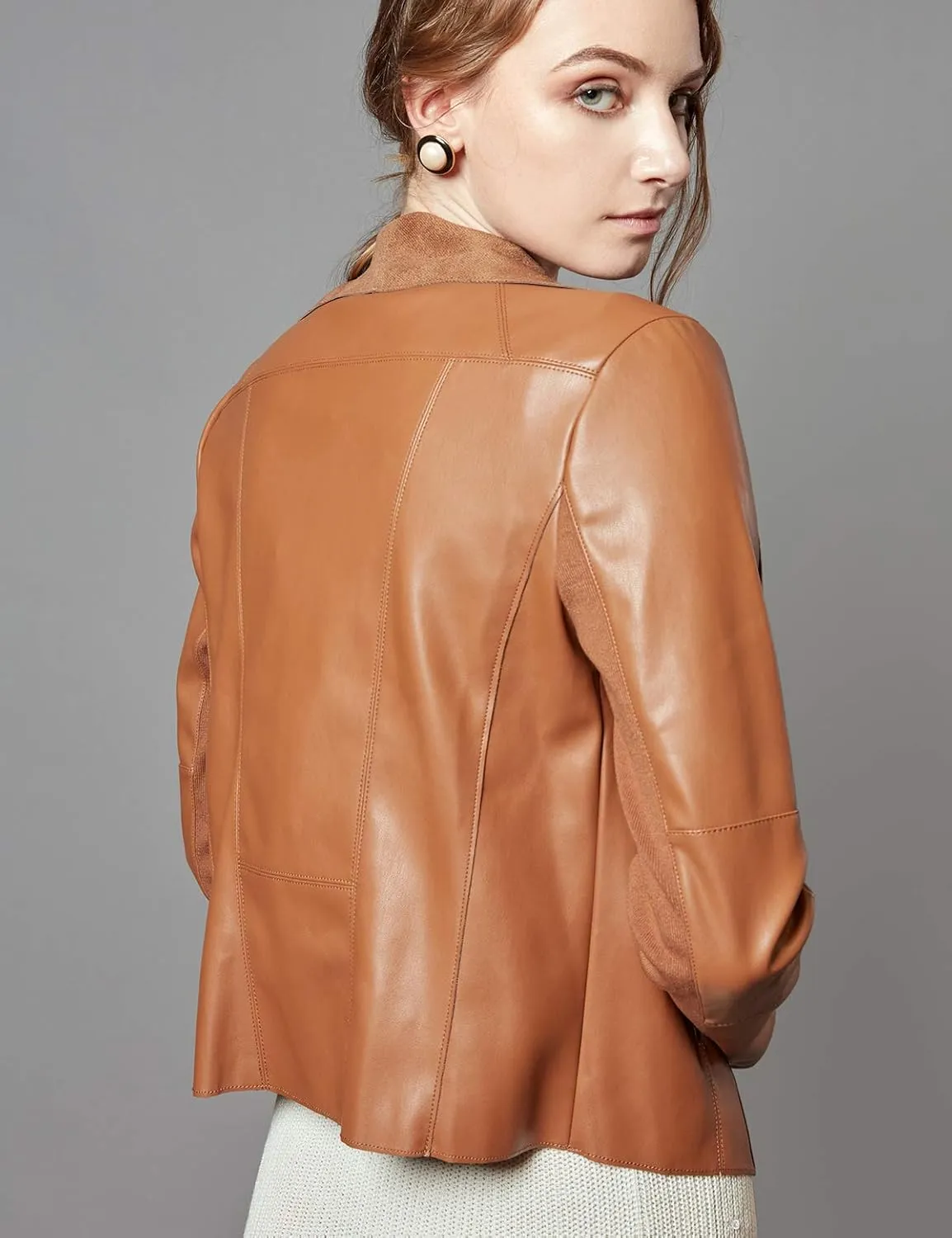 Escalier Women's Faux Leather Jackets Slim Open Front Lapel Blazer Jackets