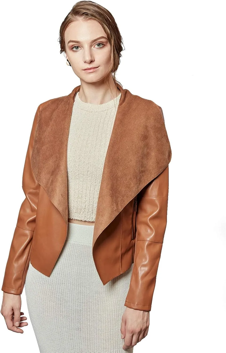 Escalier Women's Faux Leather Jackets Slim Open Front Lapel Blazer Jackets