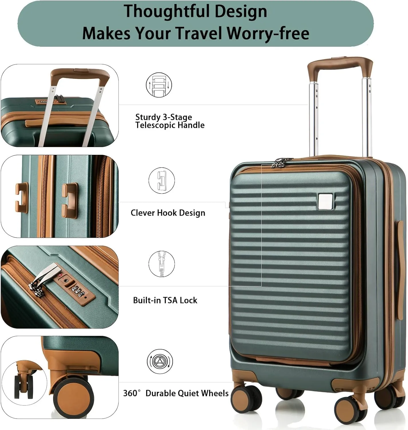 Expandable Carry On Luggage Durable Hardside Lightweight Rolling Suitcases with Spinner Wheels TSA Lock, (Dark Green, 20-Inch)