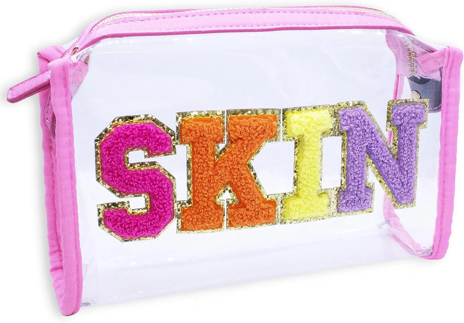 Fablinks Preppy Skin Care Travel Bag, Clear TSA Approved Skincare Toiletry Pouch for Women, Chenille Letter Patch Zipper Bags for Women