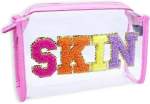 Fablinks Preppy Skin Care Travel Bag, Clear TSA Approved Skincare Toiletry Pouch for Women, Chenille Letter Patch Zipper Bags for Women