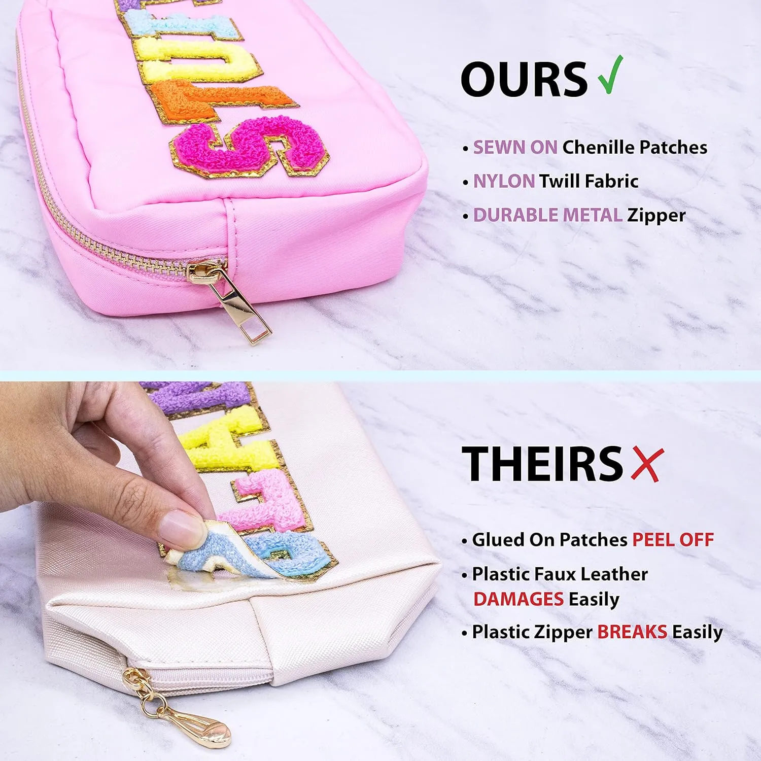 Fablinks Preppy Stuff Bag, Chenille Varsity Letter Makeup Pouch, Nylon Skin Care Zipper Patch Bags Organizer for Women, Travel Make Up Skincare Cosmetic Stocking Stuffers