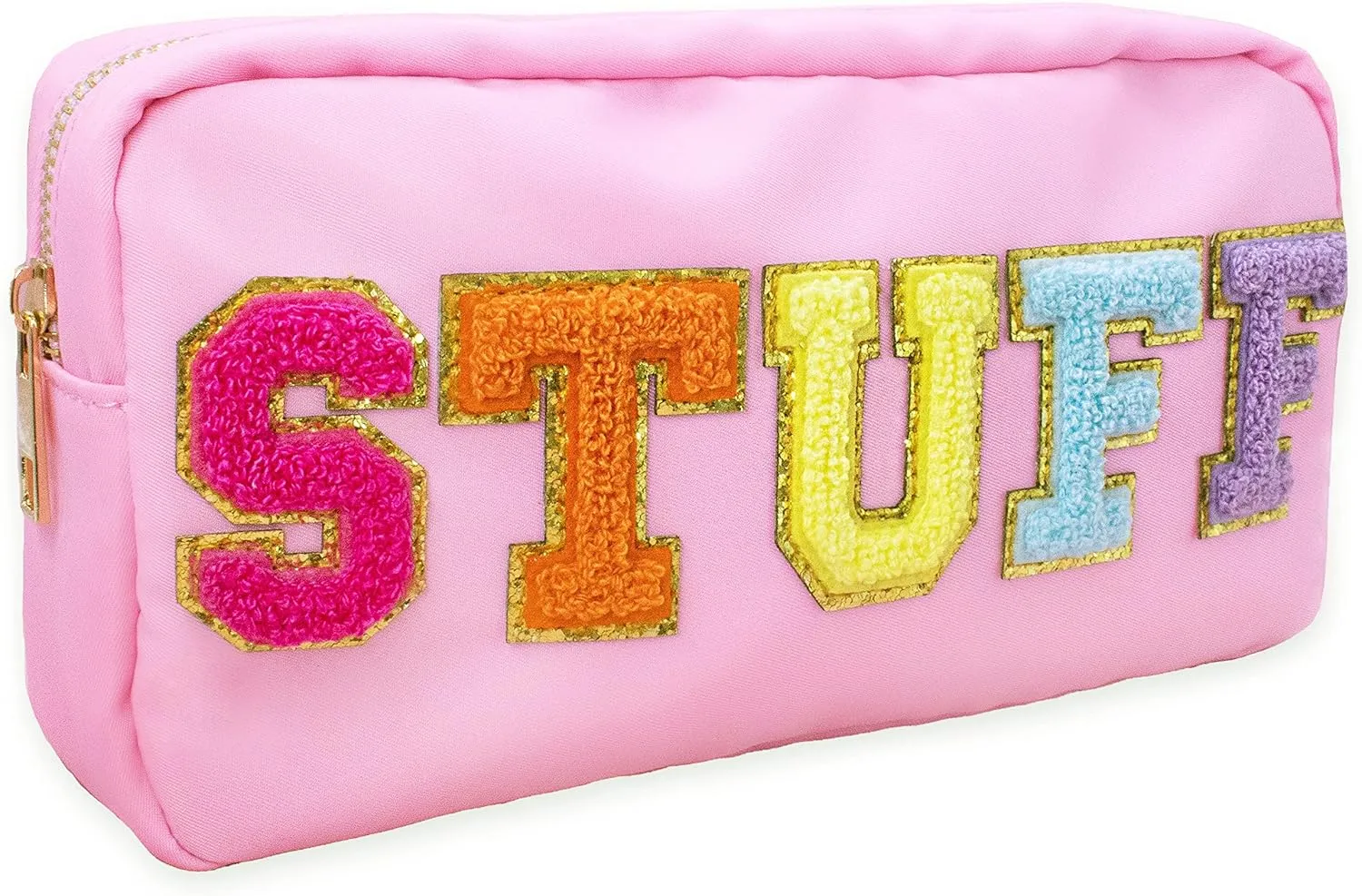 Fablinks Preppy Stuff Bag, Chenille Varsity Letter Makeup Pouch, Nylon Skin Care Zipper Patch Bags Organizer for Women, Travel Make Up Skincare Cosmetic Stocking Stuffers