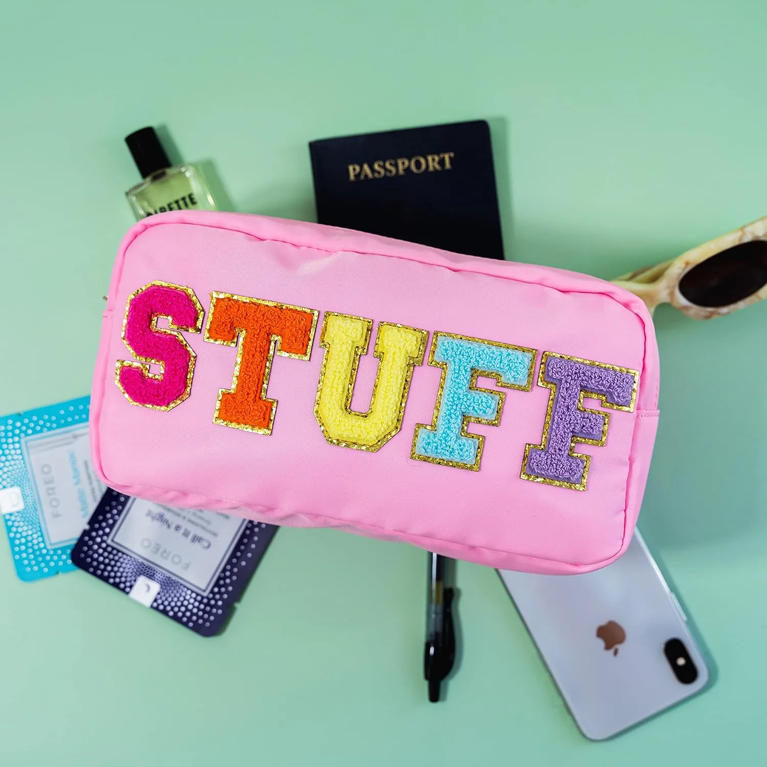 Fablinks Preppy Stuff Bag, Chenille Varsity Letter Makeup Pouch, Nylon Skin Care Zipper Patch Bags Organizer for Women, Travel Make Up Skincare Cosmetic Stocking Stuffers