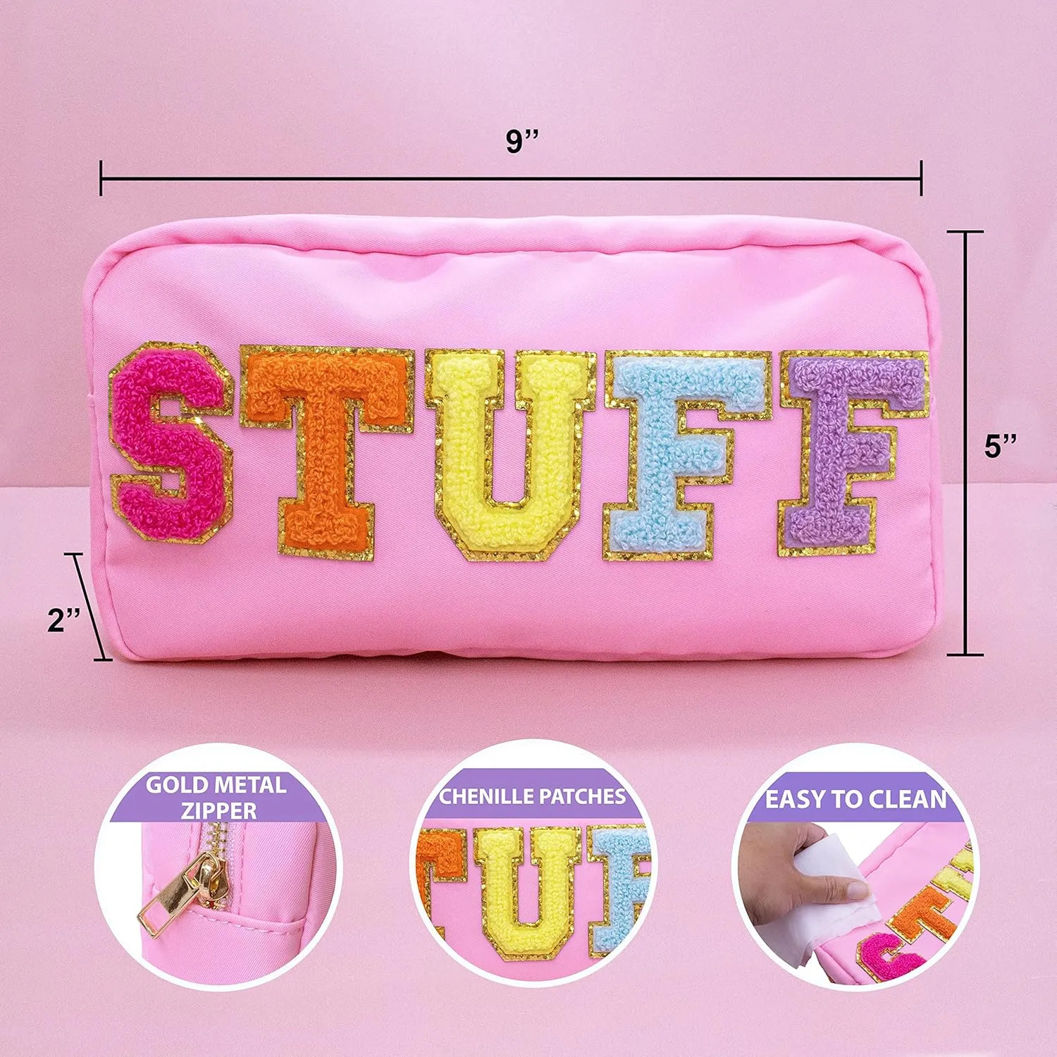 Fablinks Preppy Stuff Bag, Chenille Varsity Letter Makeup Pouch, Nylon Skin Care Zipper Patch Bags Organizer for Women, Travel Make Up Skincare Cosmetic Stocking Stuffers