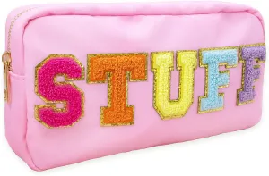 Fablinks Preppy Stuff Bag, Chenille Varsity Letter Makeup Pouch, Nylon Skin Care Zipper Patch Bags Organizer for Women, Travel Make Up Skincare Cosmetic Stocking Stuffers