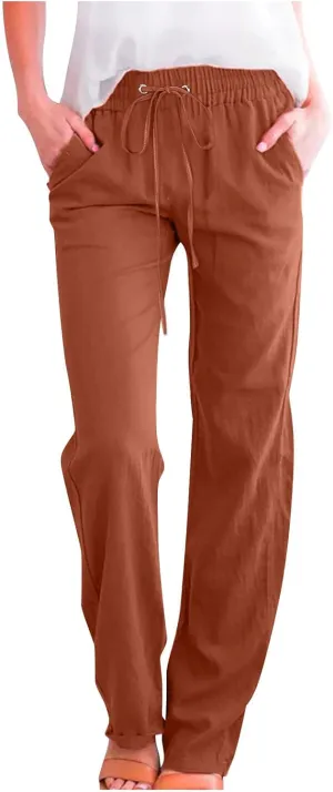 fartey Linen Pants Women Summer Casual Straight Leg Pants Drawstring Elastic High Waist Loose Comfy Trousers with Pockets