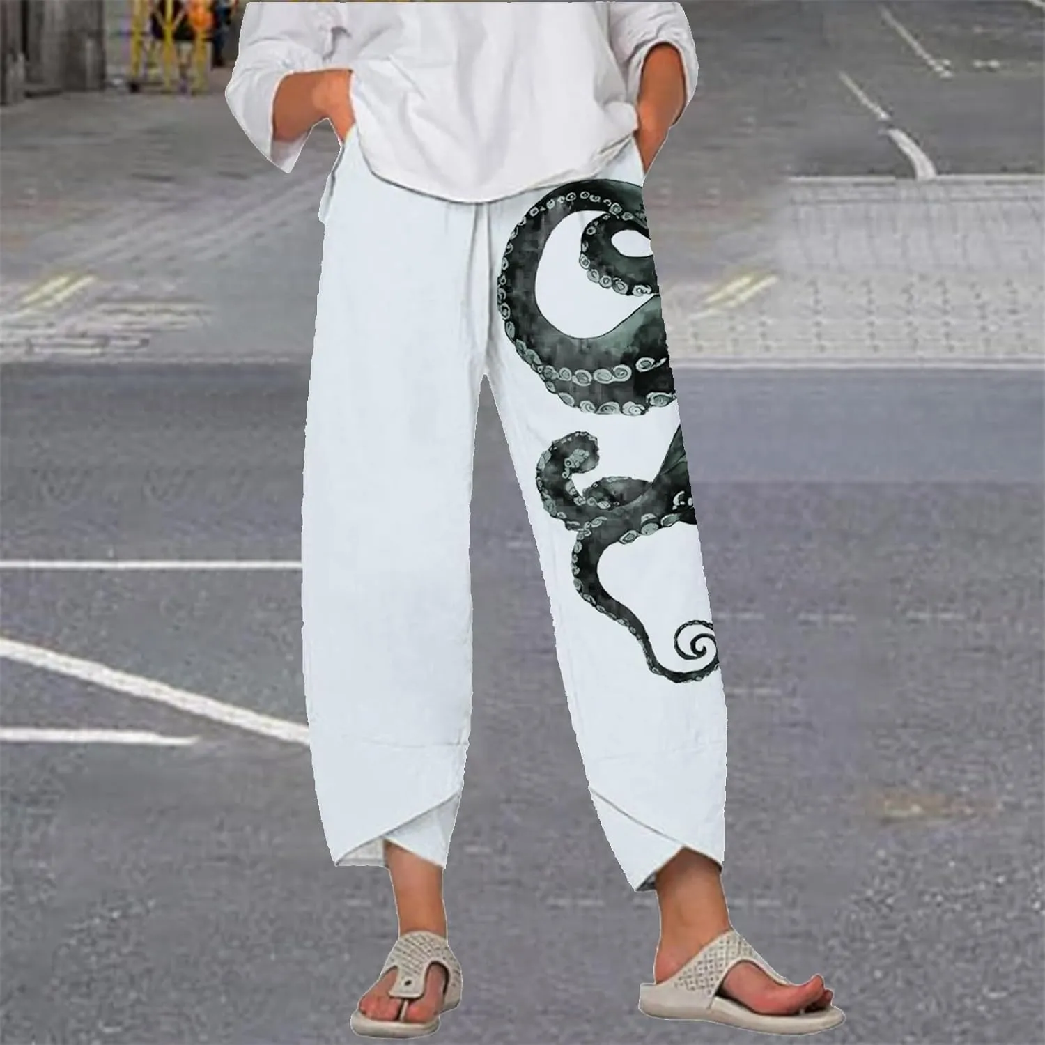 Flowy Capri Pants for Women Casual Summer Wide Leg Cropped Baggy Trousers with Pockets Palazzo Lounge Pants