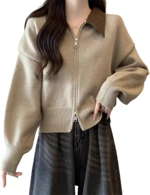 GGOOB Cropped Leather Jackets Knit Cropped Leather Jackets Knit Cropped Leather Jackets Knit Collared Sweater