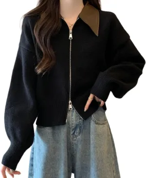 GGOOB Cropped Leather Jackets Knit Cropped Leather Jackets Knit Cropped Leather Jackets Knit Collared Sweater